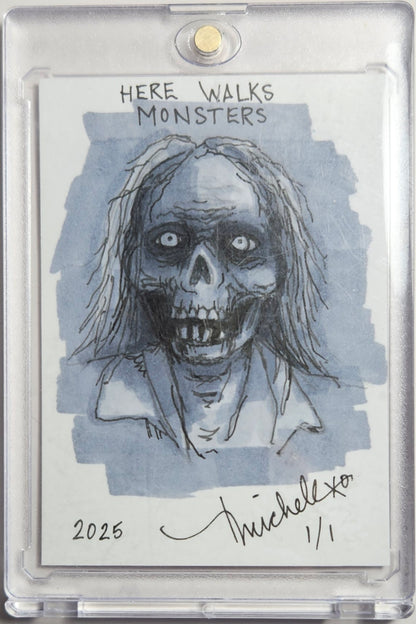 Here Walks Monsters - Zombie Sketch Card - Tina Michele