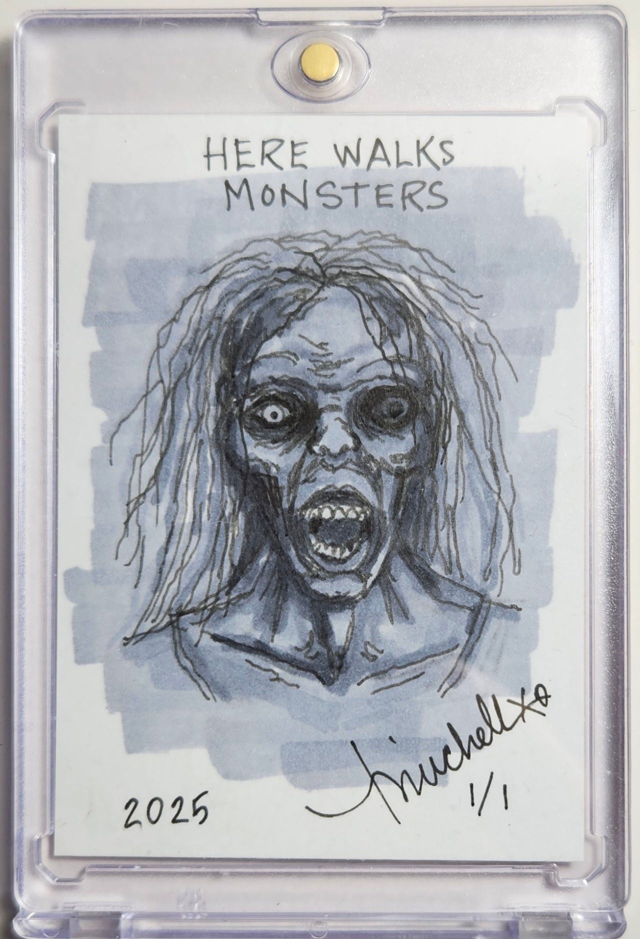 Here Walks Monsters - Zombie Sketch Card - Tina Michele
